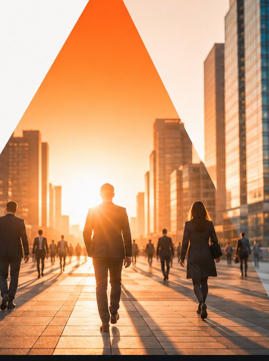 Professionals lopen door de stad bij zonsondergang